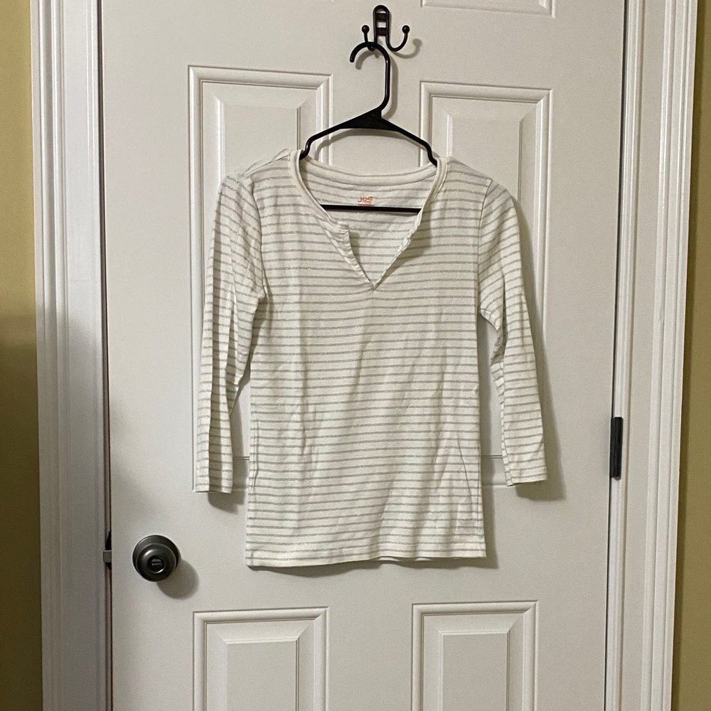 Joe Fresh Cream and Gray Striped Long Sleeve Top